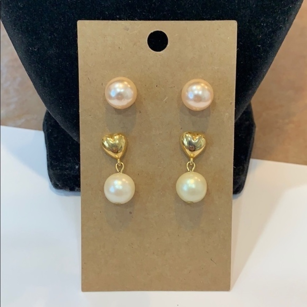 💐5/25 large faux pearls studs gold heart dangle